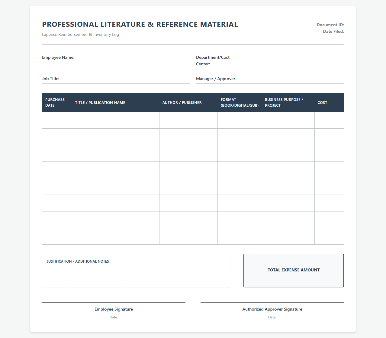 Professional Literature and Reference Material Expense Sheet