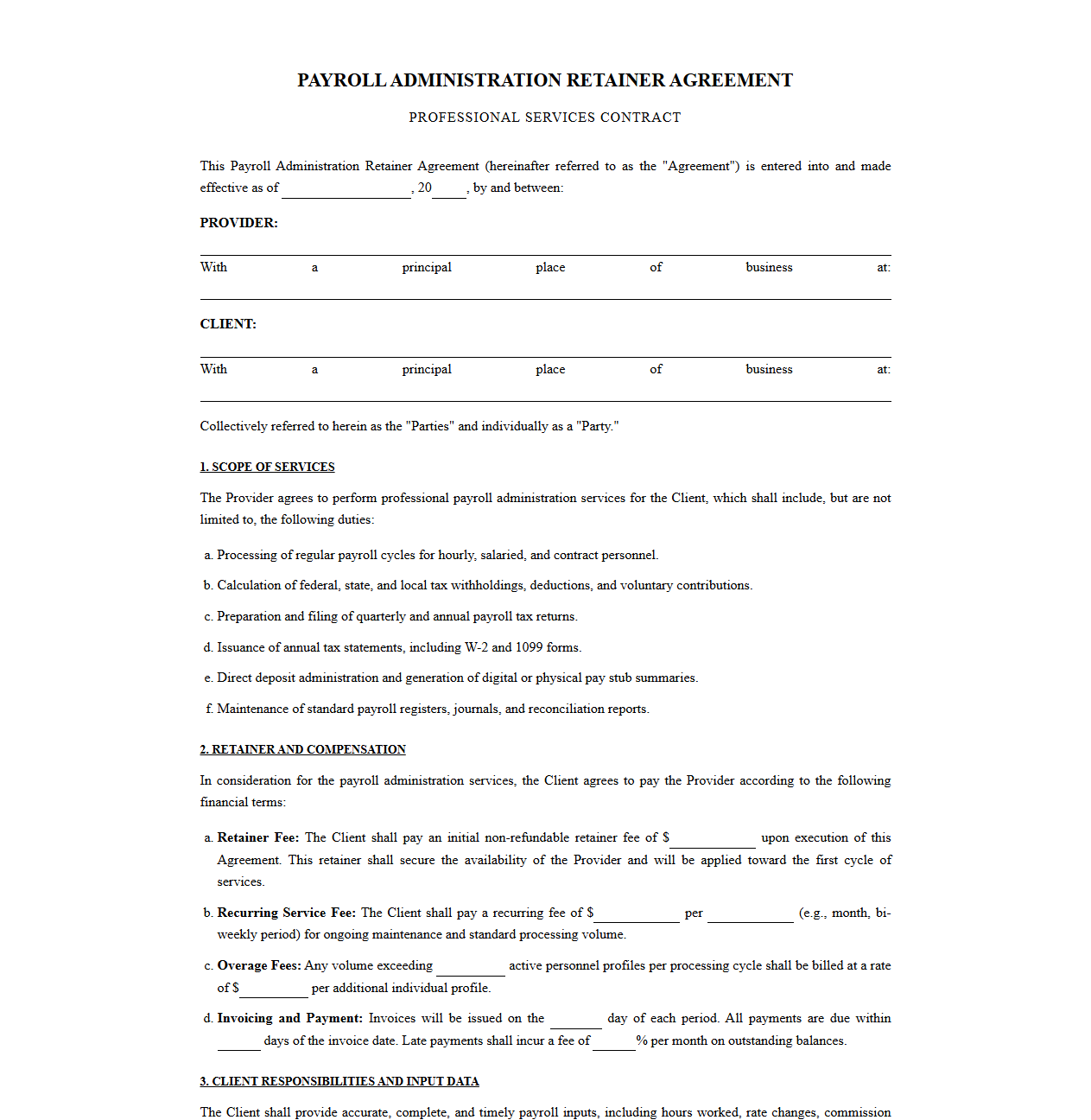 Professional Payroll Administration Retainer Contract