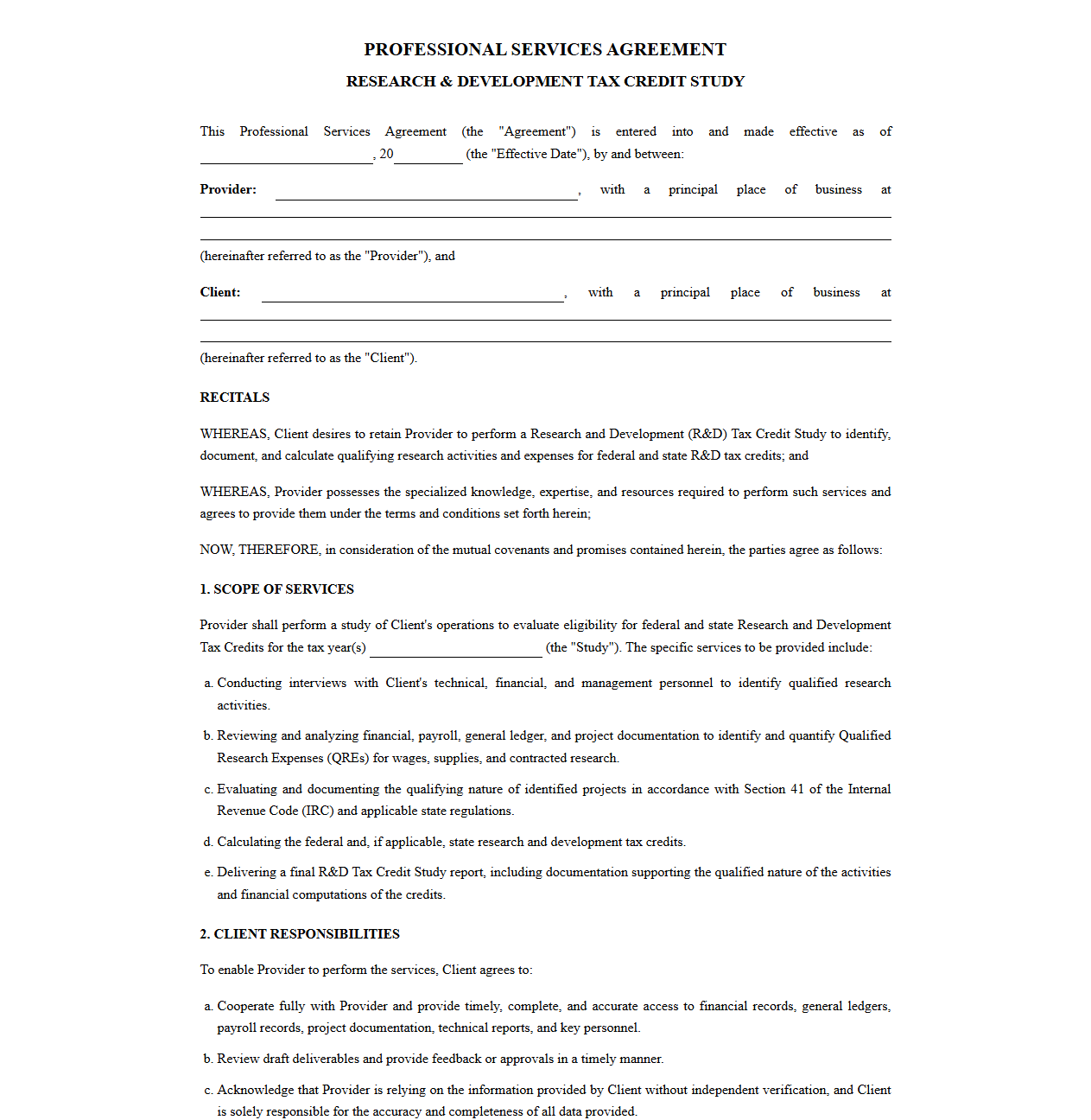 Professional Services Agreement for R&D Tax Credits