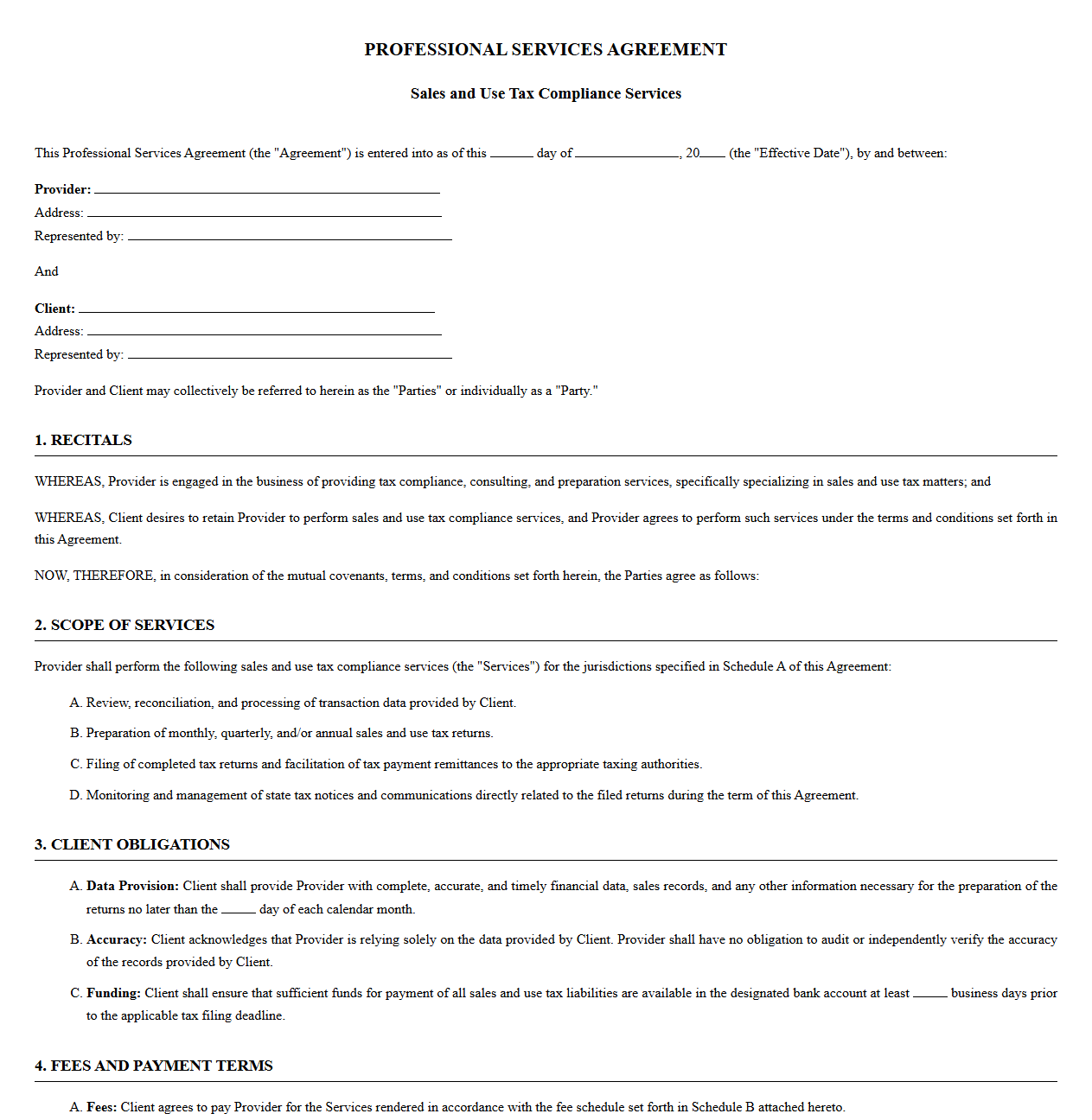 Professional Services Agreement for Sales Tax Compliance