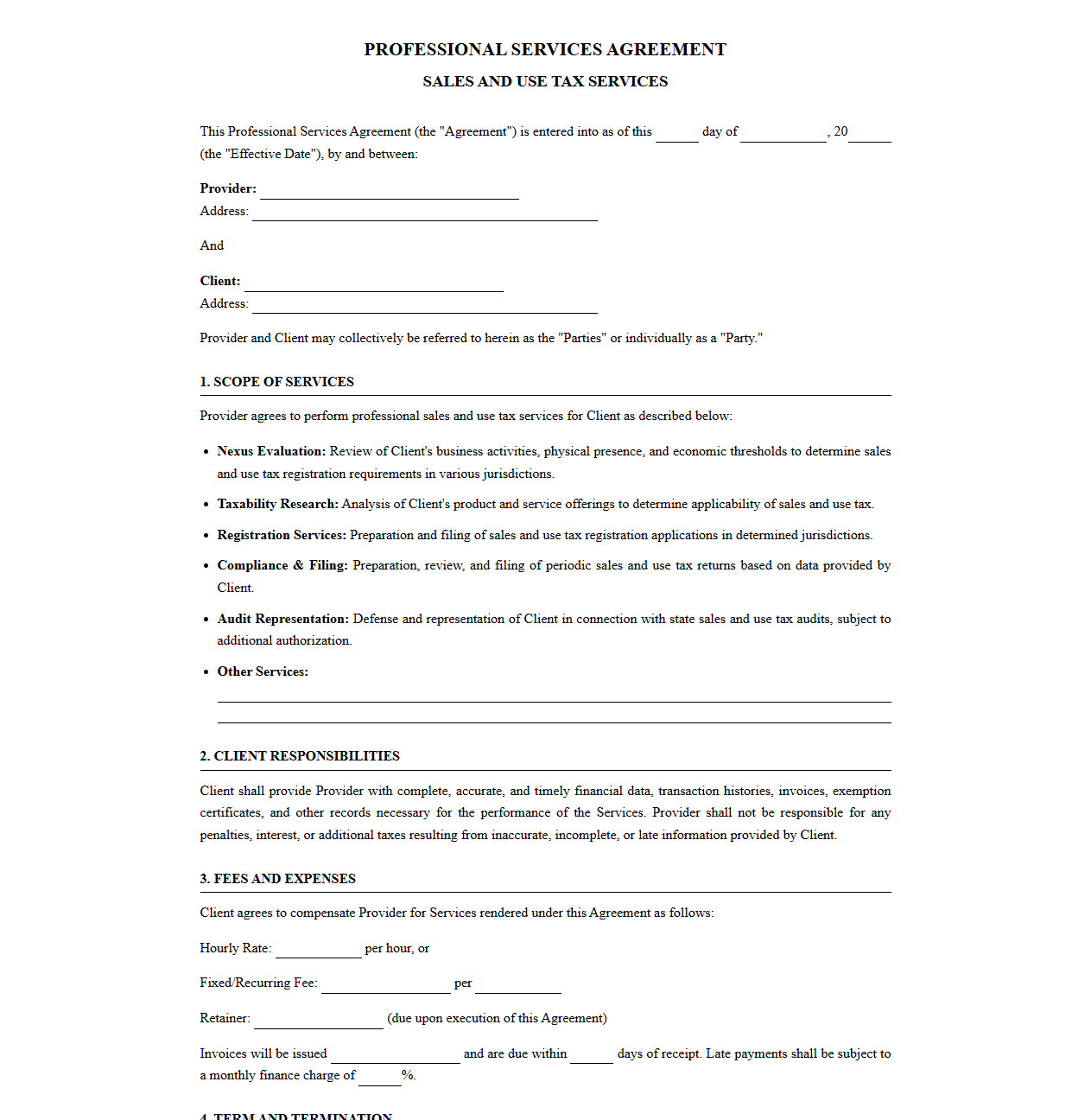Professional Services Agreement for Sales and Use Tax