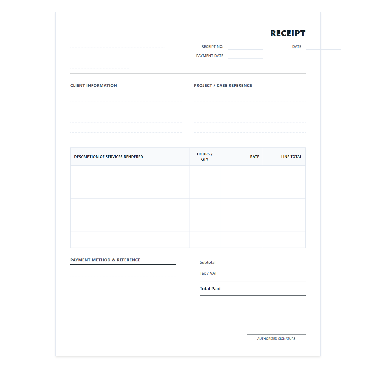 Professional Services Rendered Receipt