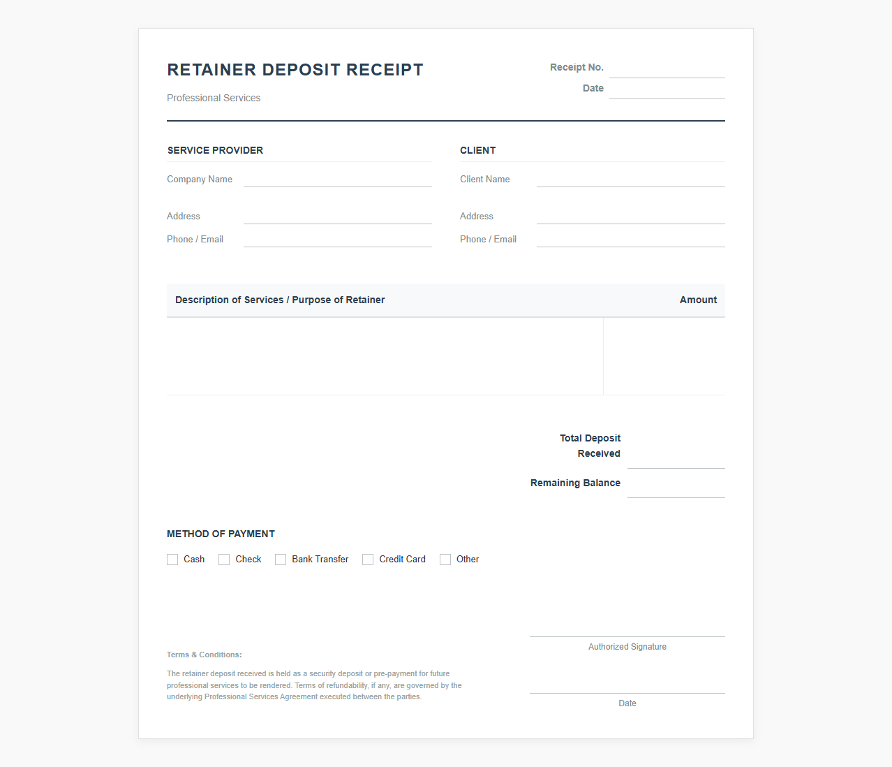 Professional Services Retainer Deposit Receipt