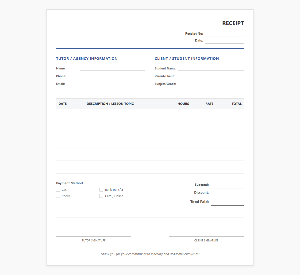 Professional Tutoring Service Payment Receipt