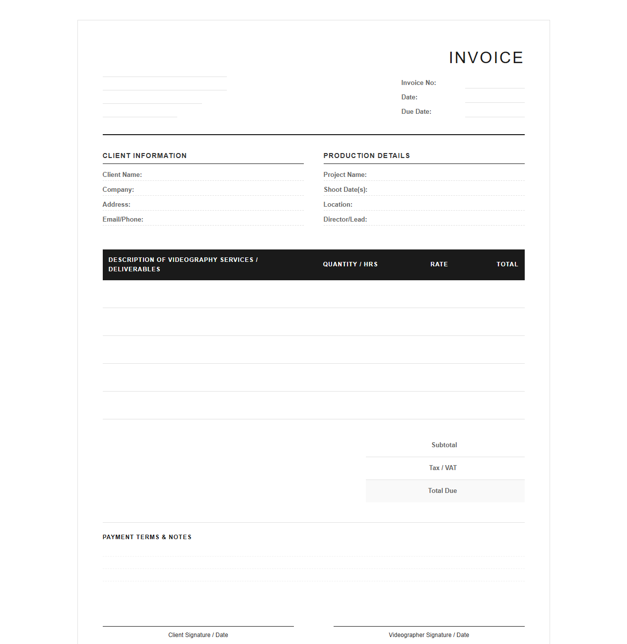 Professional Videographer Billing Statement
