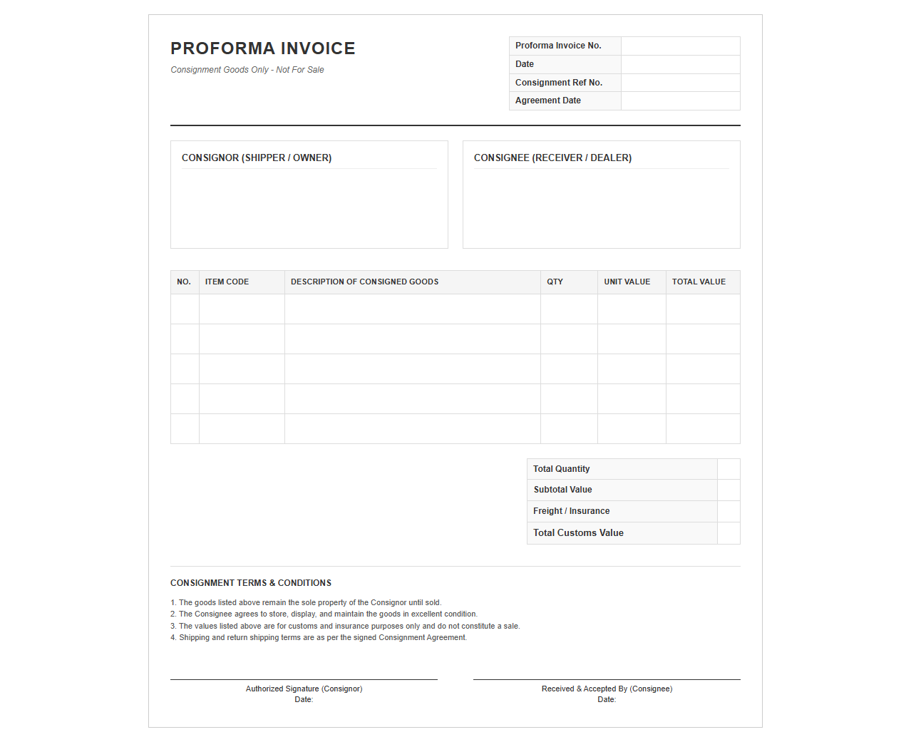 Proforma Invoice for Consigned Goods Template