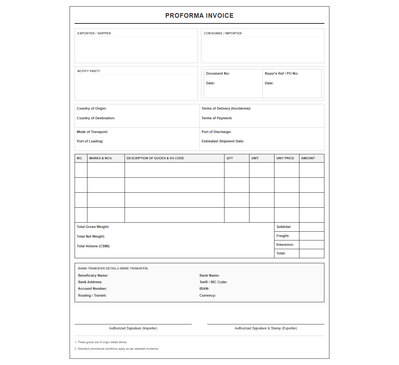 Proforma Invoice for Foreign Trade Document