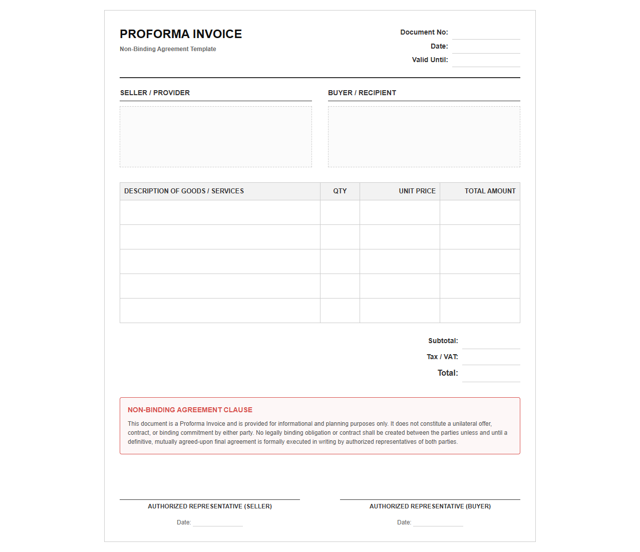 Proforma Invoice Non Binding Agreement Template