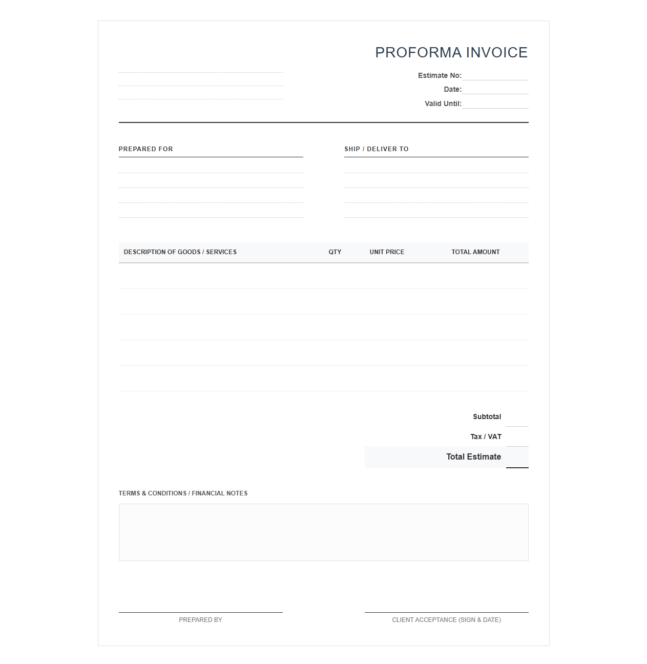Proforma Invoice Template for Financial Estimates