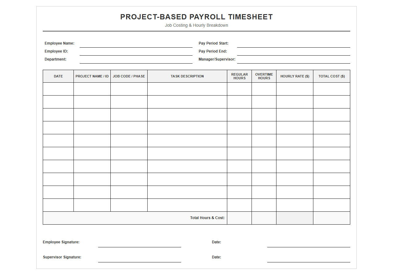 Project Based Employee Payroll Timesheet Template