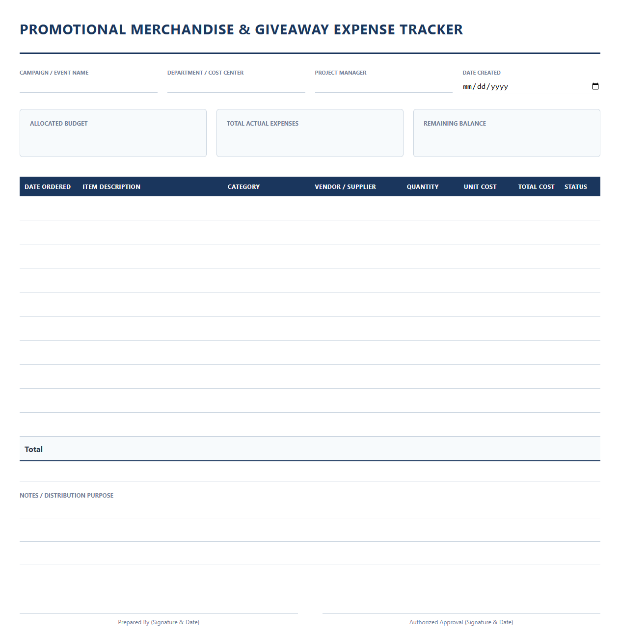 Promotional Merchandise and Giveaway Expense Tracker