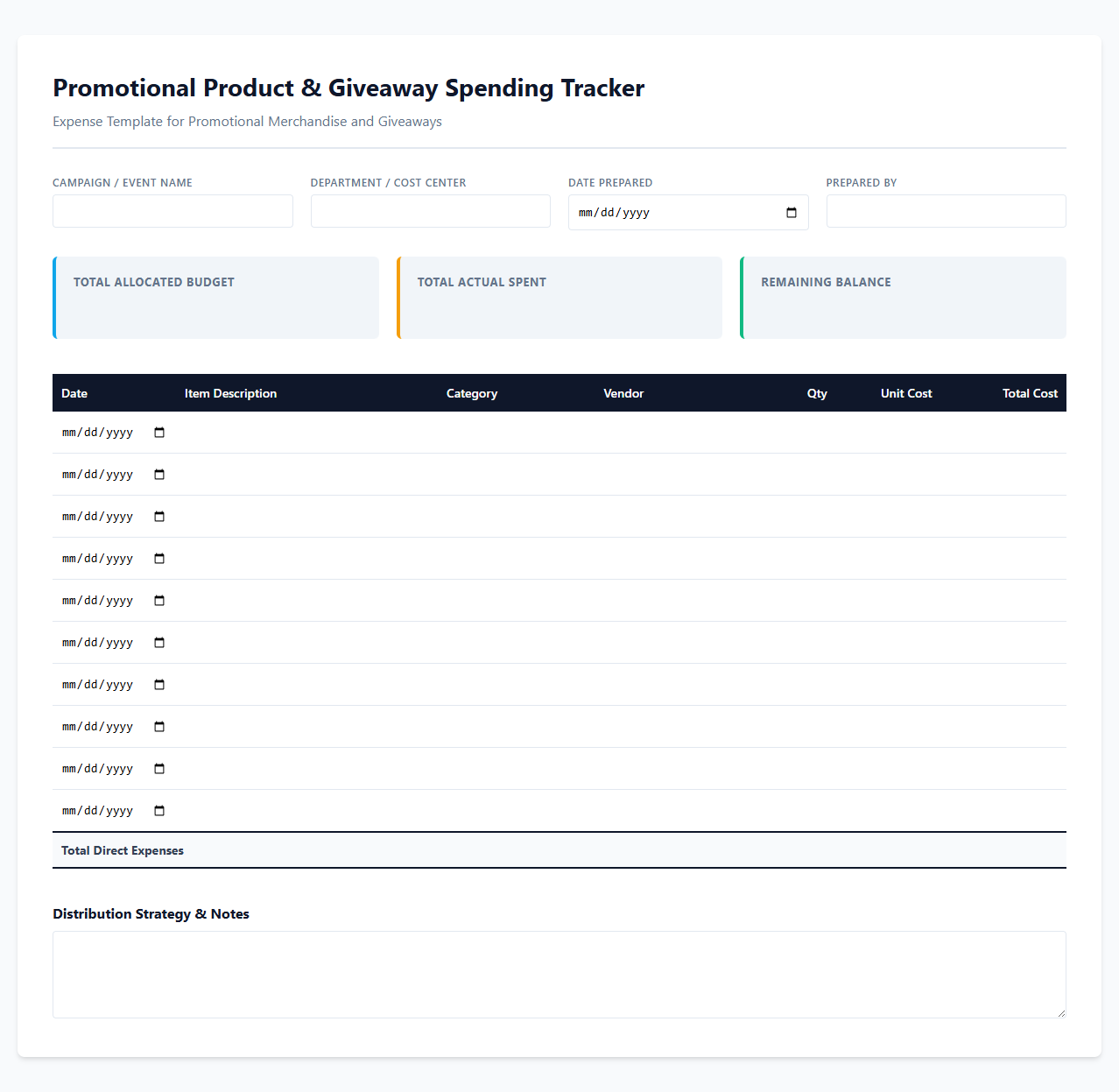 Promotional Product and Giveaway Spending Tracker
