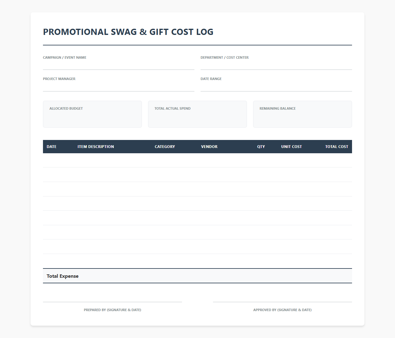 Promotional Swag and Gift Cost Log