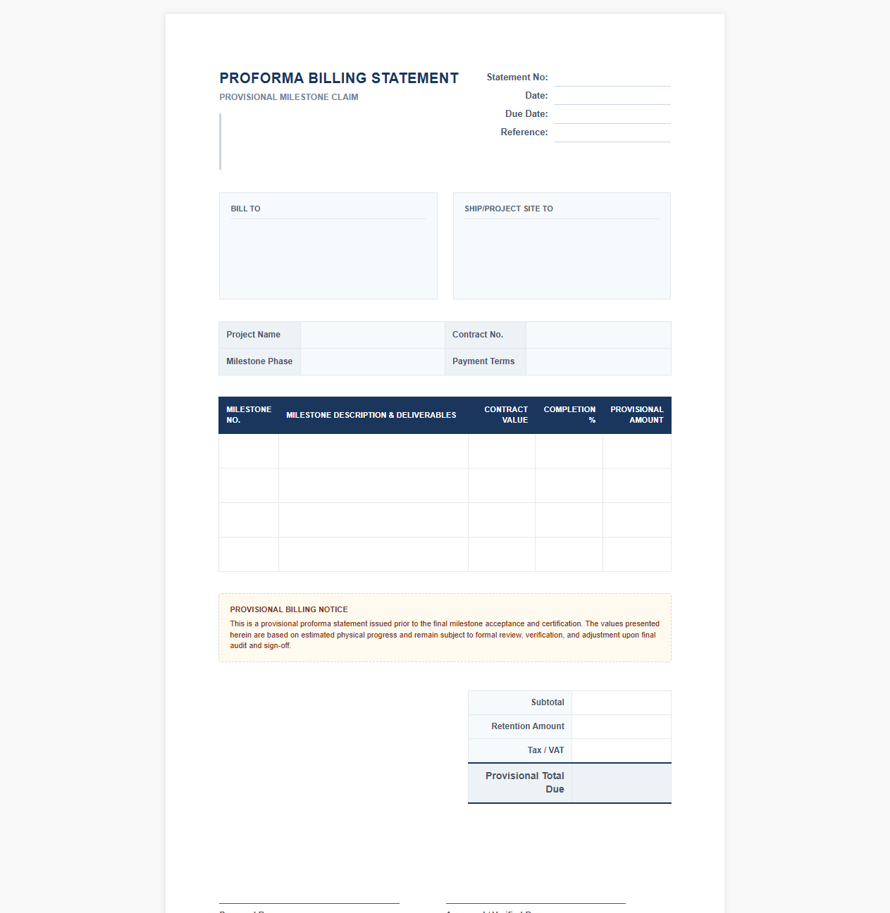 Provisional Milestone Proforma Billing Statement