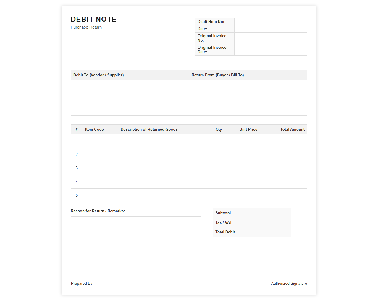 Purchase Return Debit Invoice