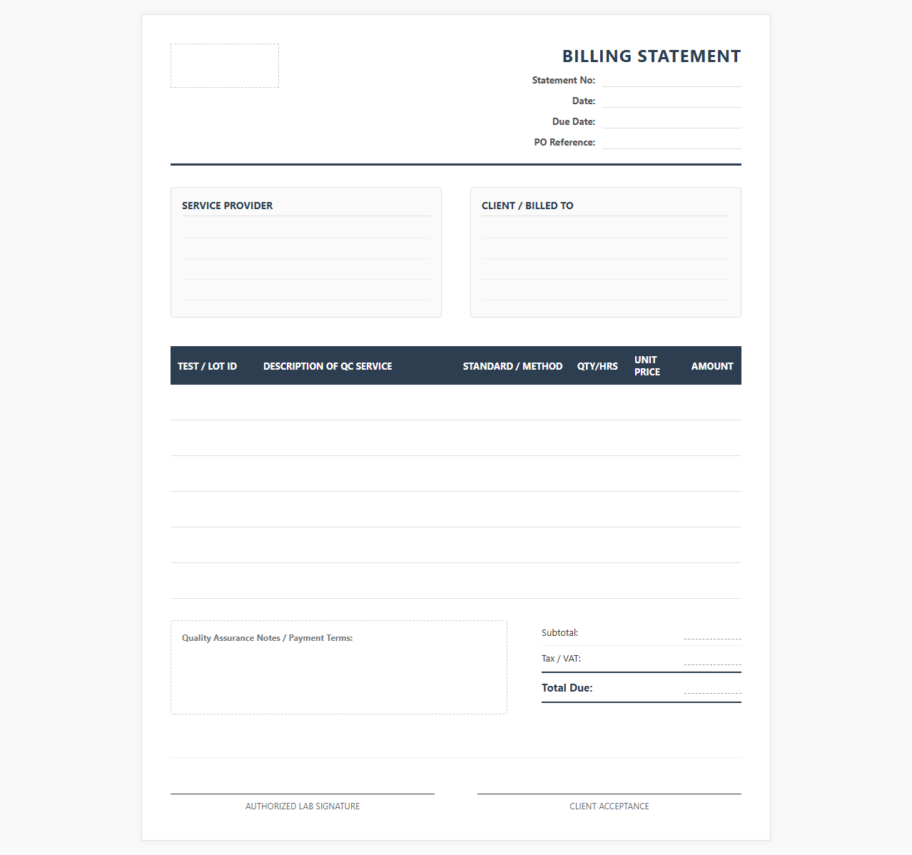 Quality Control Testing Service Billing Statement