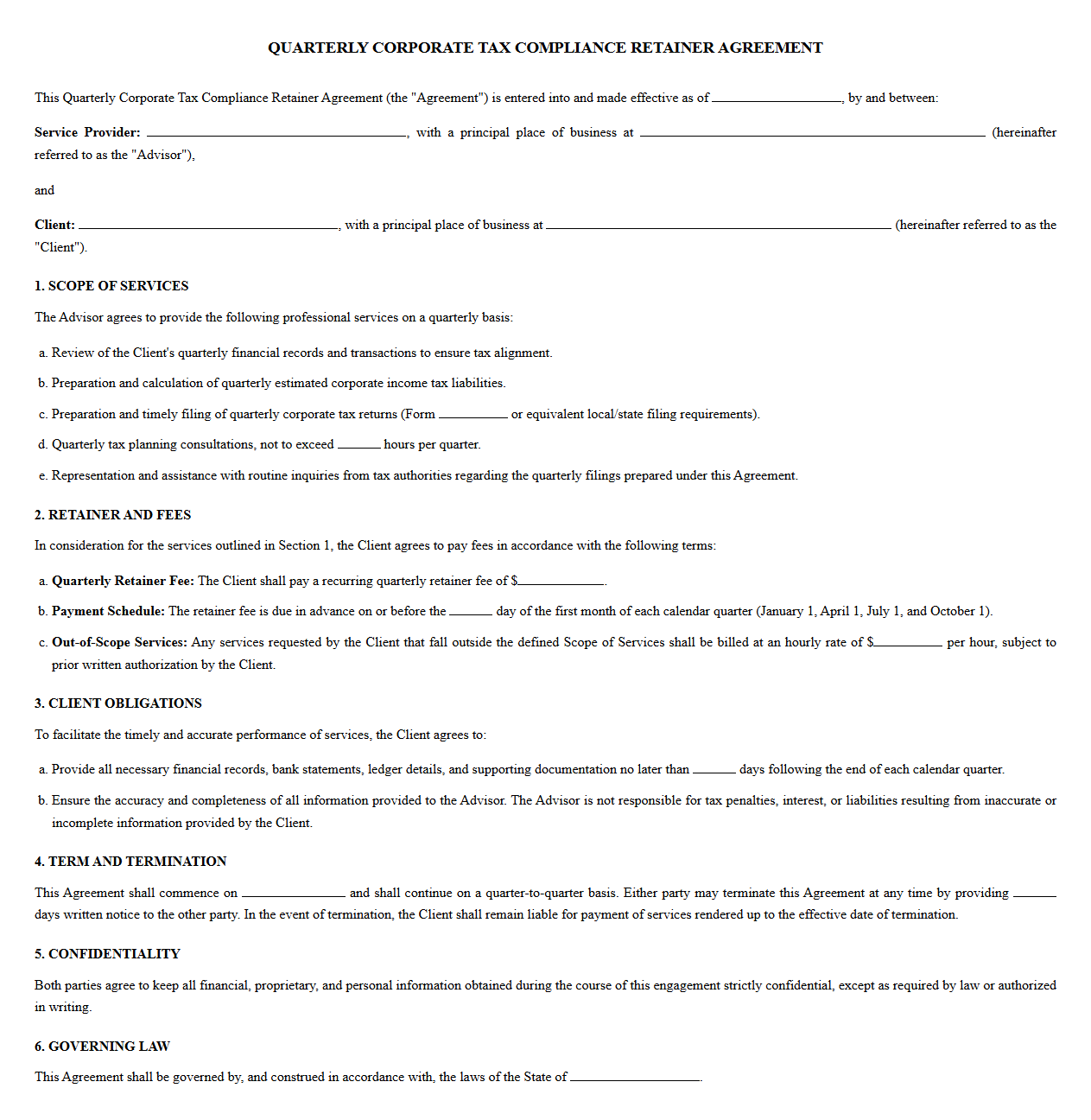 Quarterly Corporate Tax Compliance Retainer Agreement