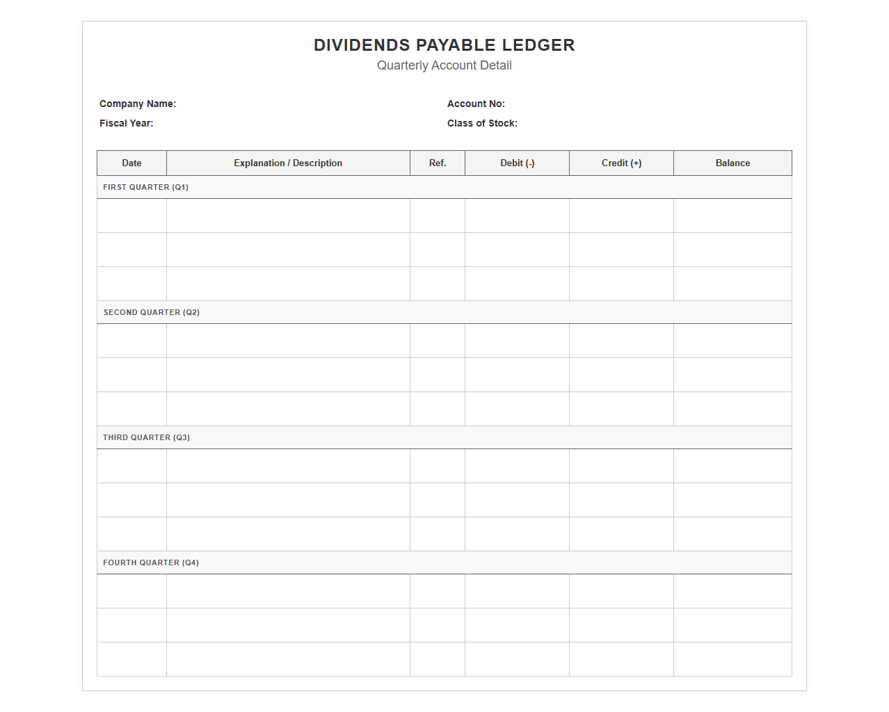 Quarterly Dividends Payable Ledger Account