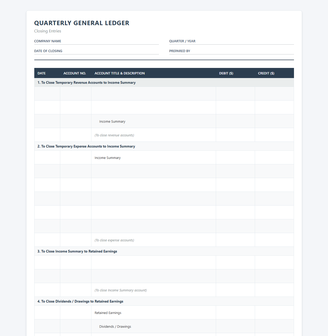 Quarterly General Ledger Closing Entries Spreadsheet