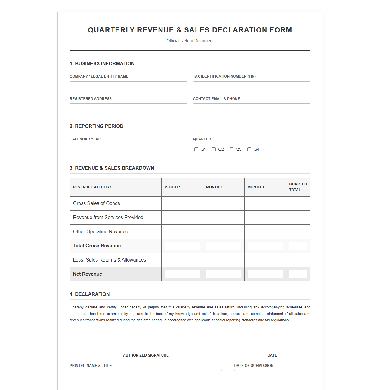 Quarterly Revenue and Sales Declaration Form
