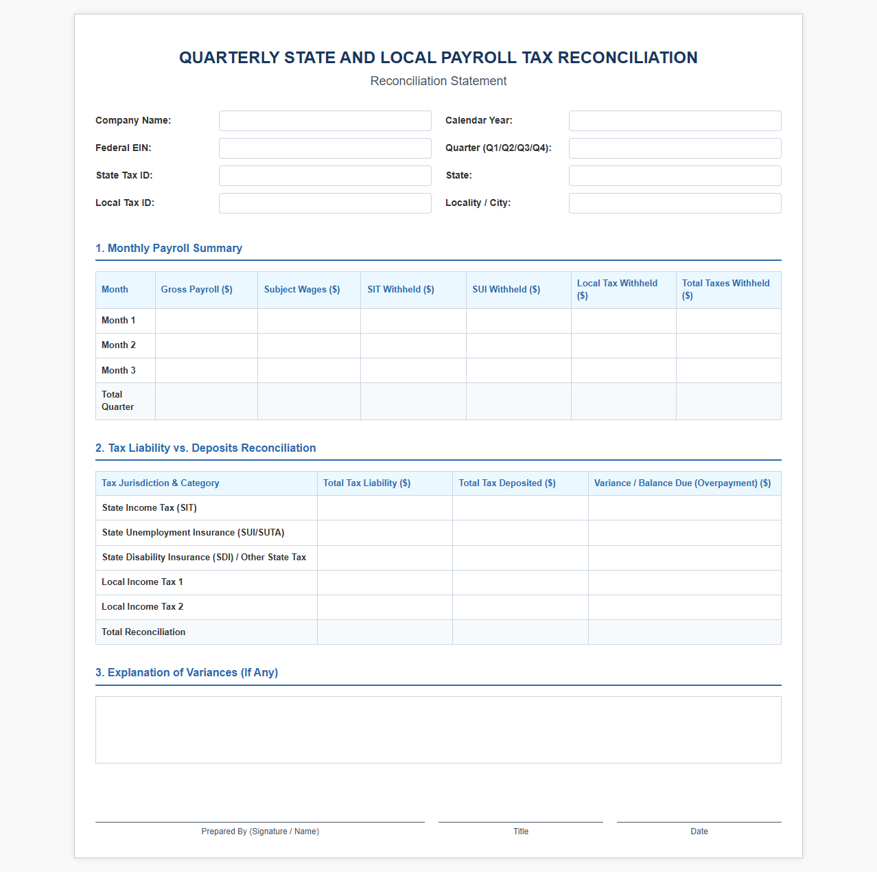 Quarterly State and Local Payroll Tax Reconciliation Template