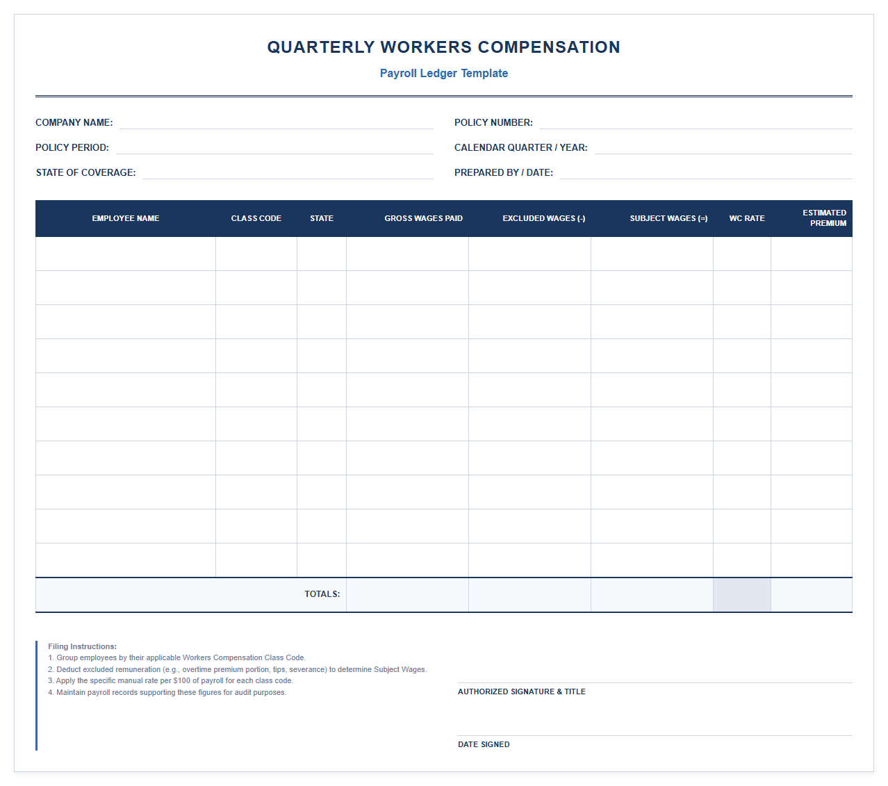 Quarterly Workers Compensation Payroll Ledger Template