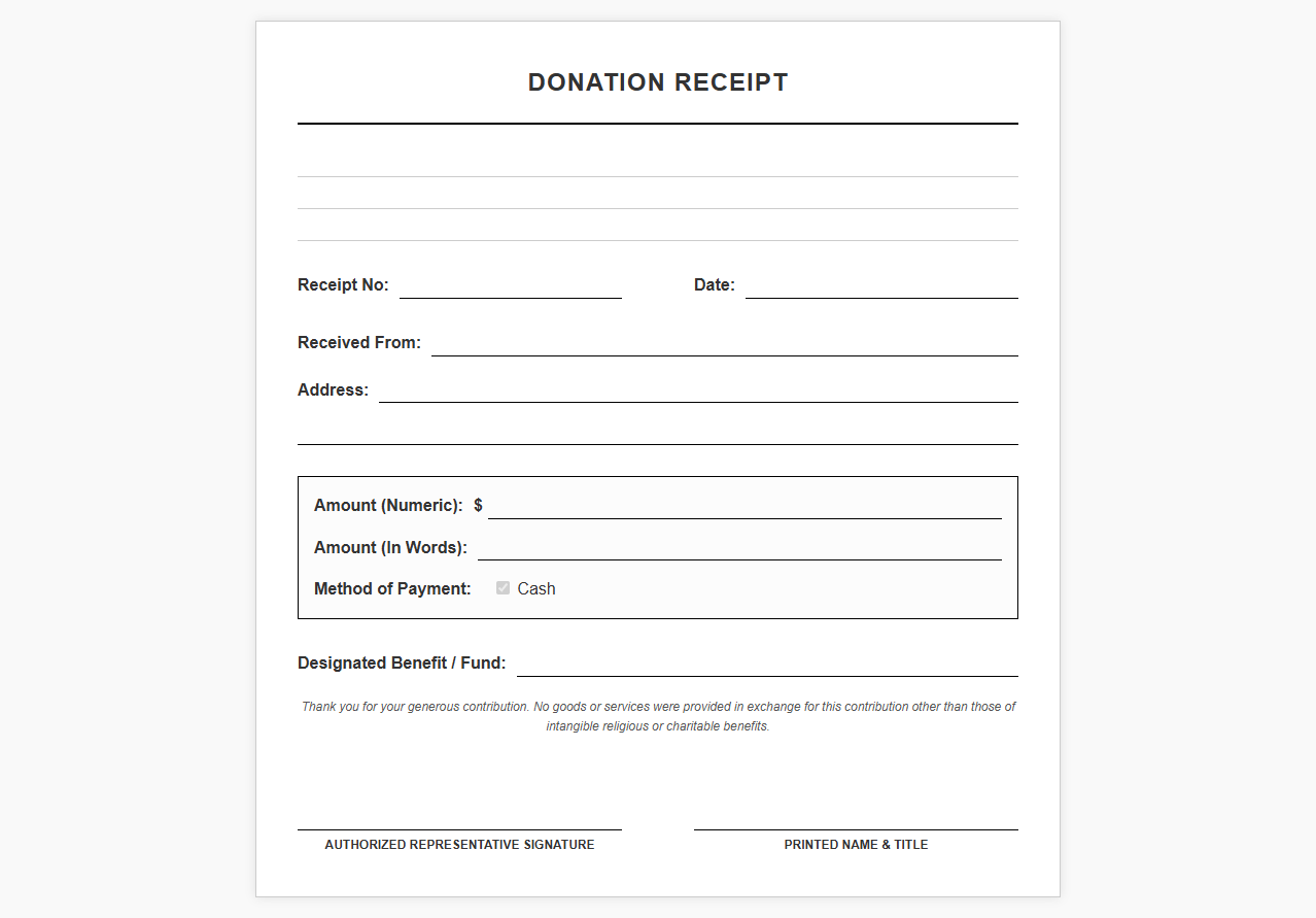 Receipt for Cash Charity Donation