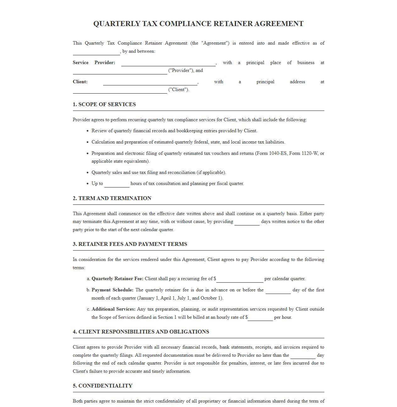 Recurring Quarterly Tax Compliance Service Contract Template