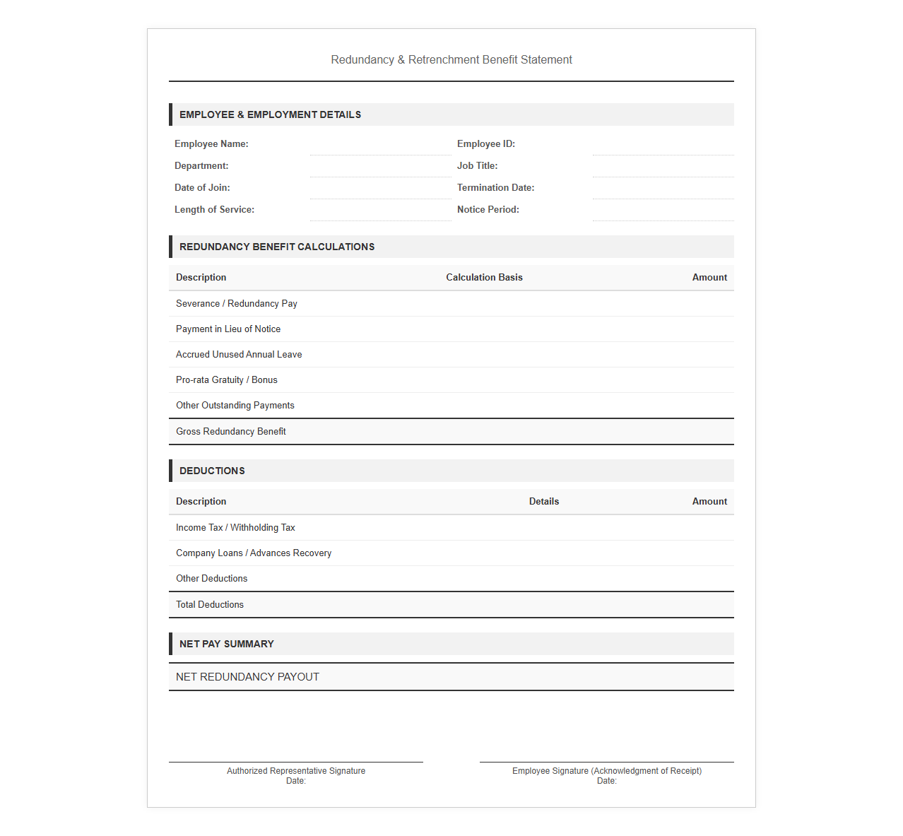 Redundancy Benefit Payroll Template
