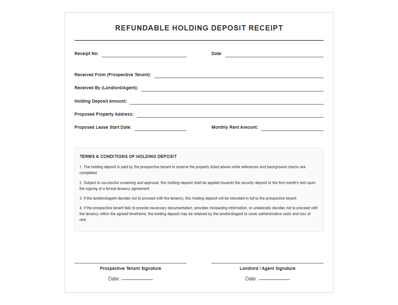 Refundable Holding Deposit Receipt Template