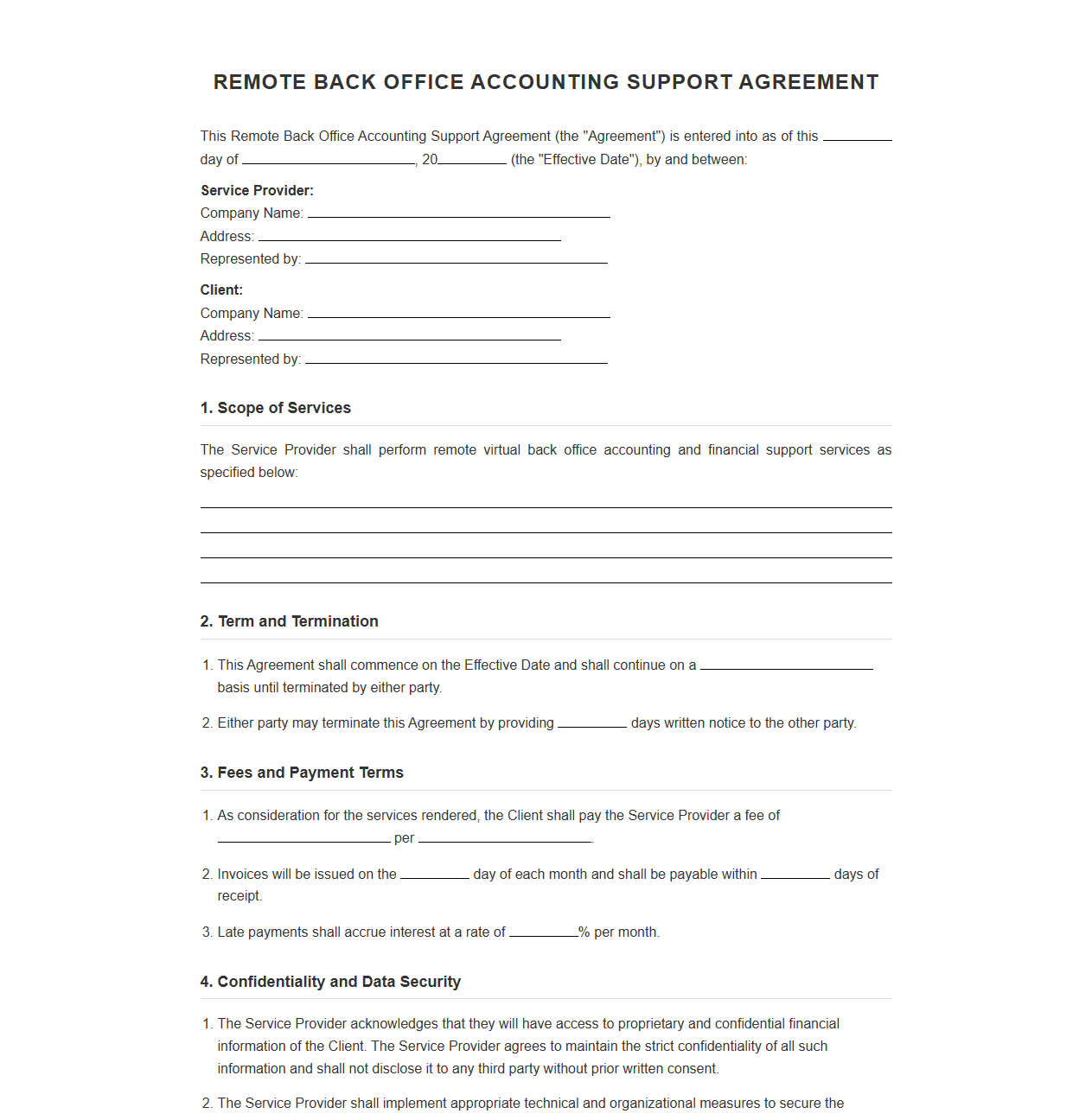 Remote Back Office Accounting Support Agreement Template