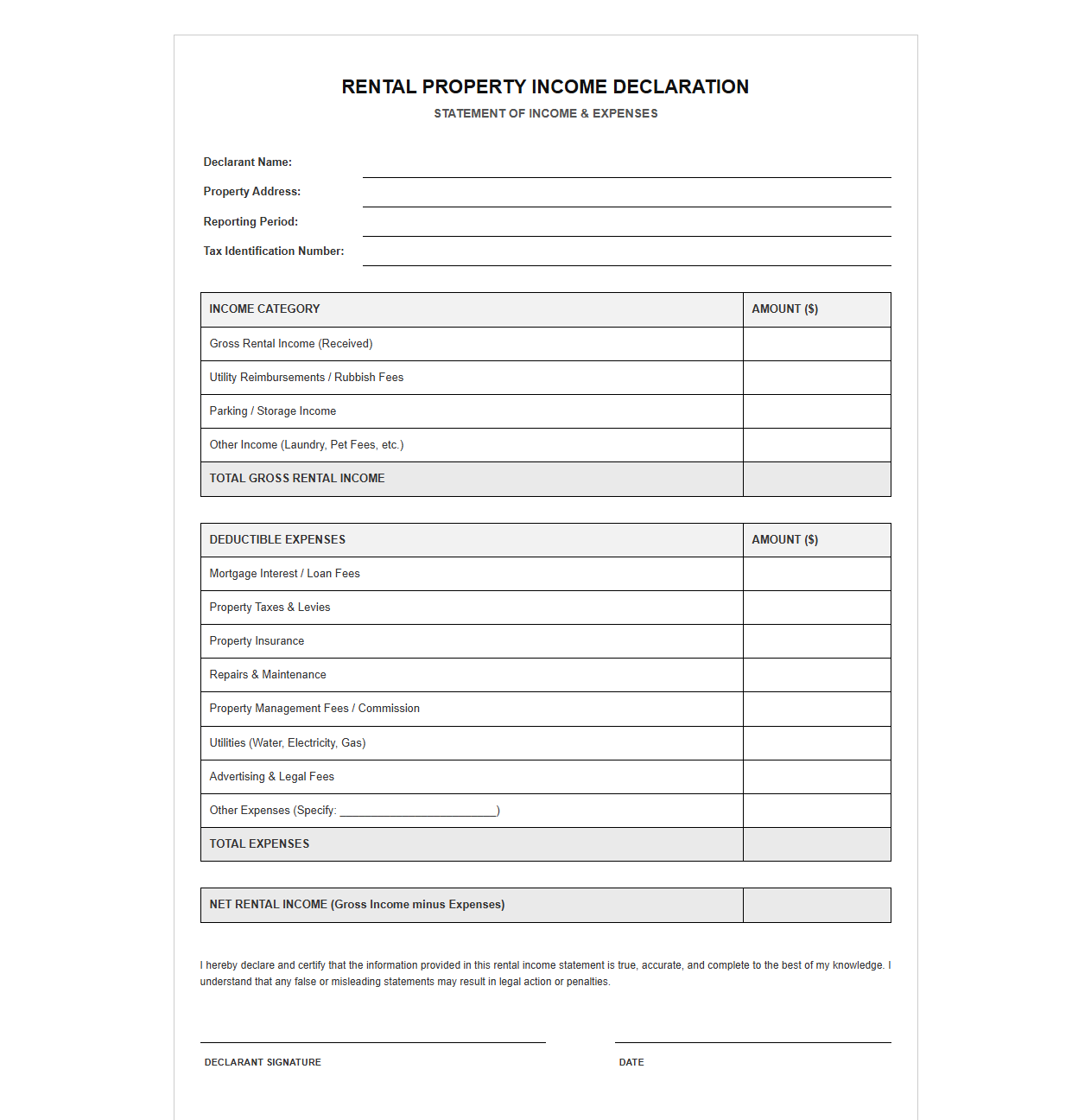 Rental Property Income Declaration Template