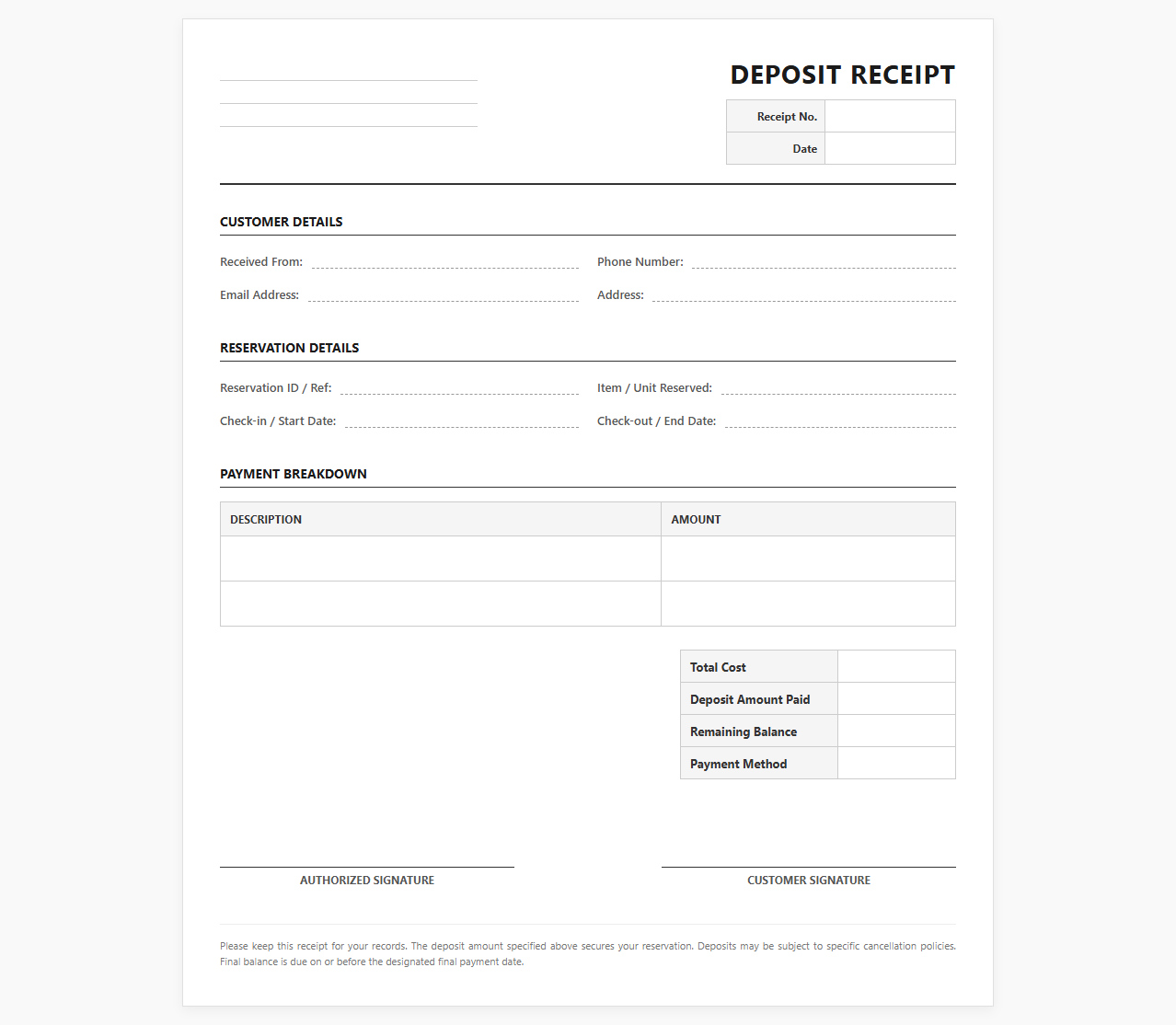 Reservation Deposit Receipt Document