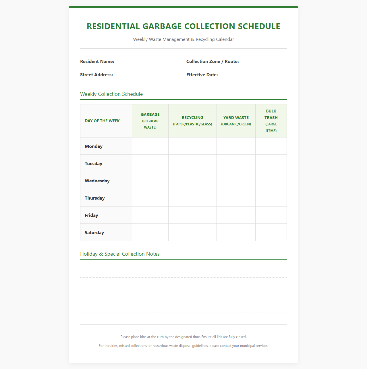Residential Garbage Collection Schedule Template