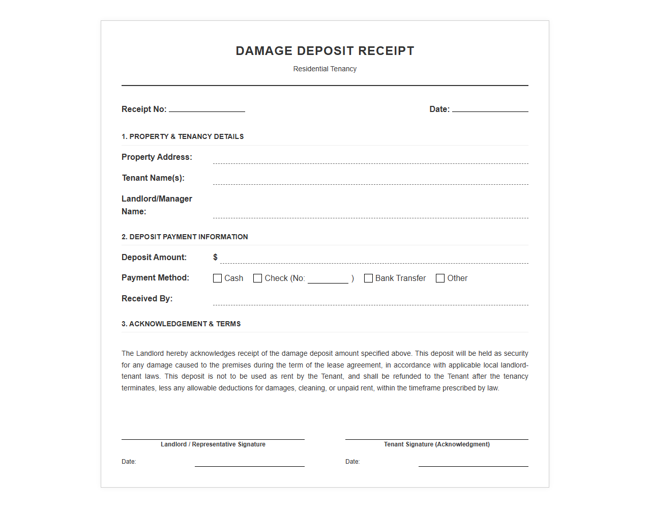 Residential Lease Damage Deposit Receipt