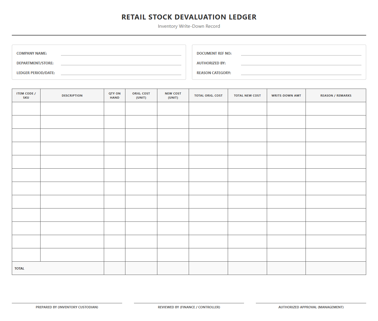 Retail Stock Devaluation Ledger Template