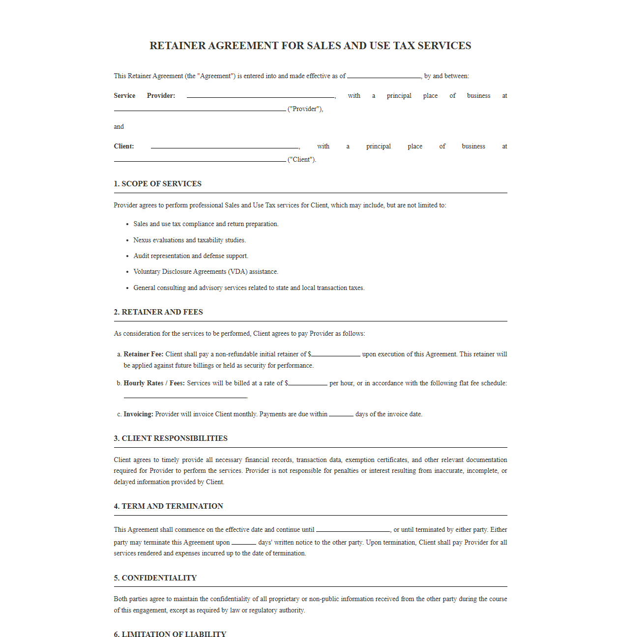 Retainer Agreement for Sales and Use Tax Services
