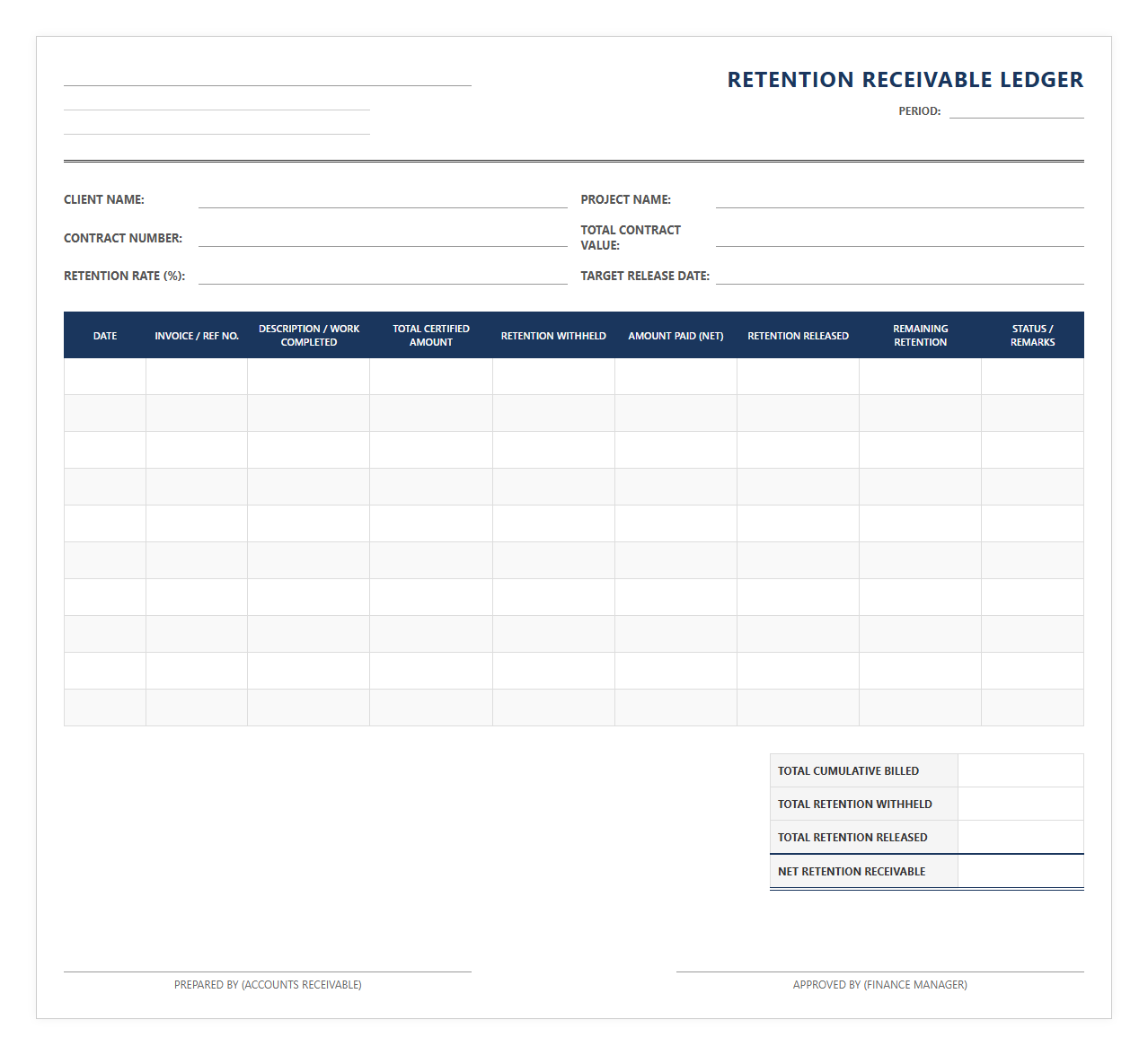Retention Accounts Receivable Ledger Sheet
