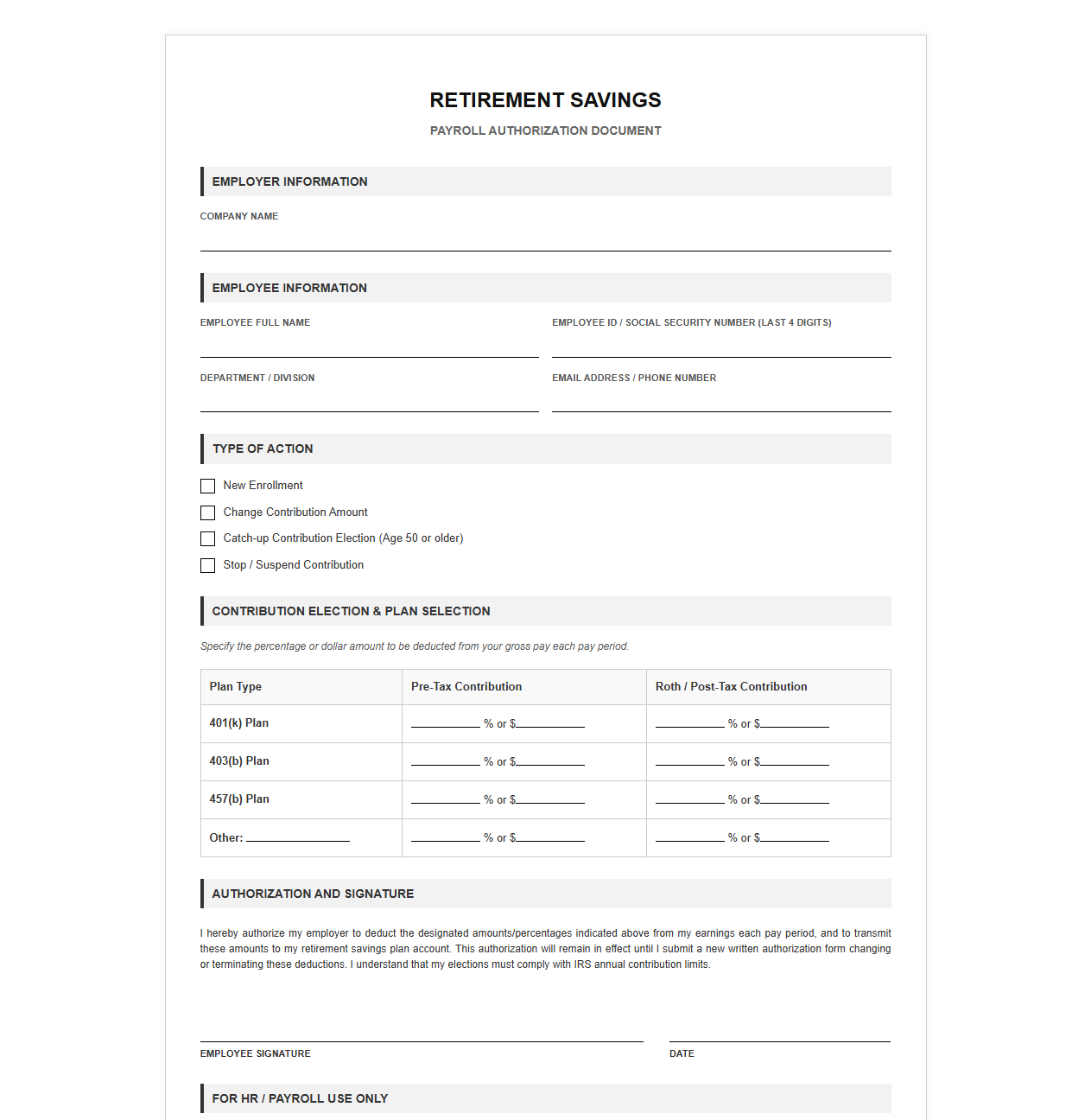 Retirement Savings Payroll Authorization Document