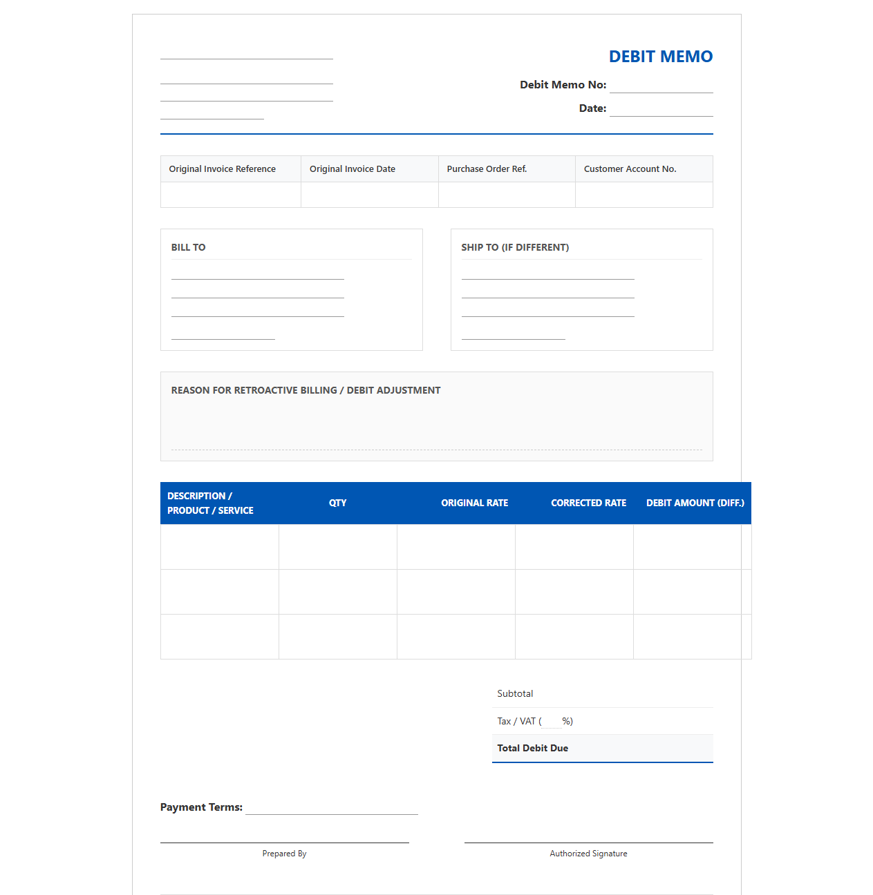 Retroactive Billing Debit Invoice Template