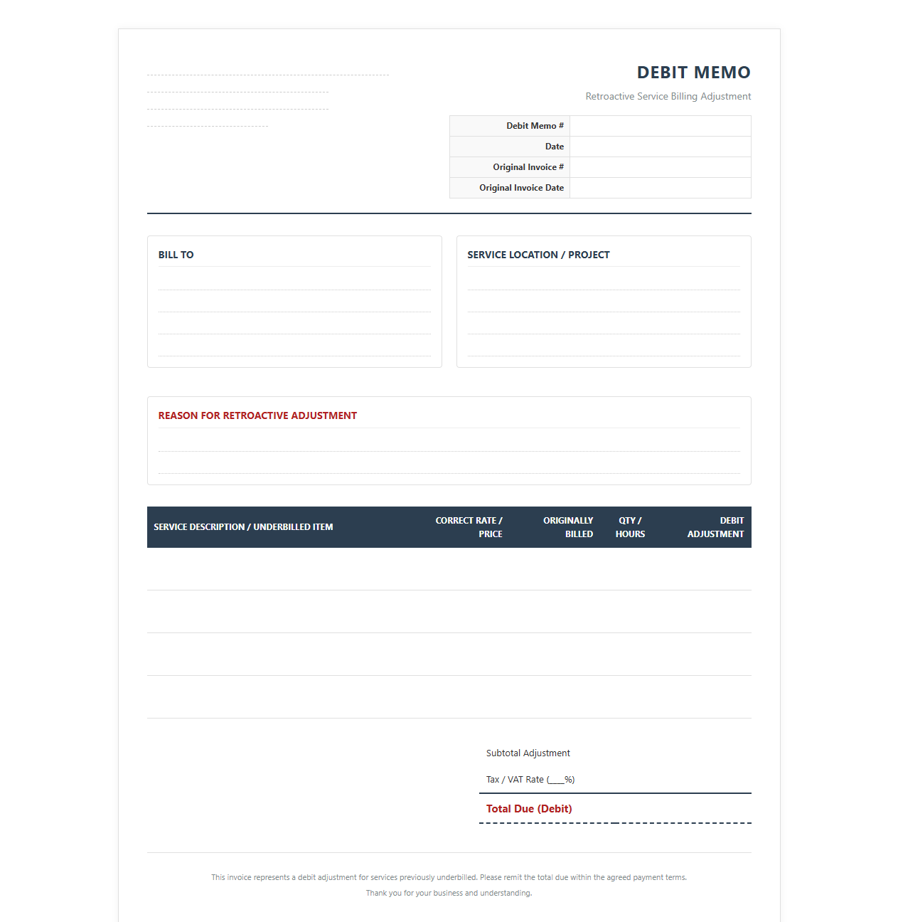 Retroactive Service Billing Adjustment Invoice