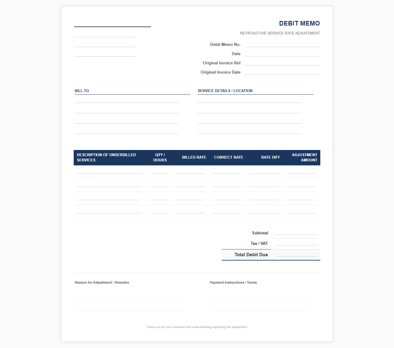 Retroactive Service Rate Adjustment Debit Memo