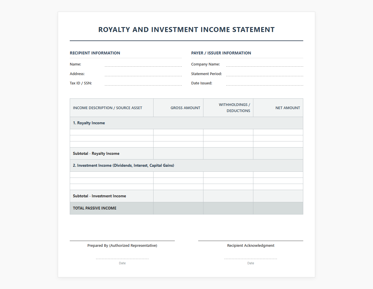 Royalty and Investment Income Statement