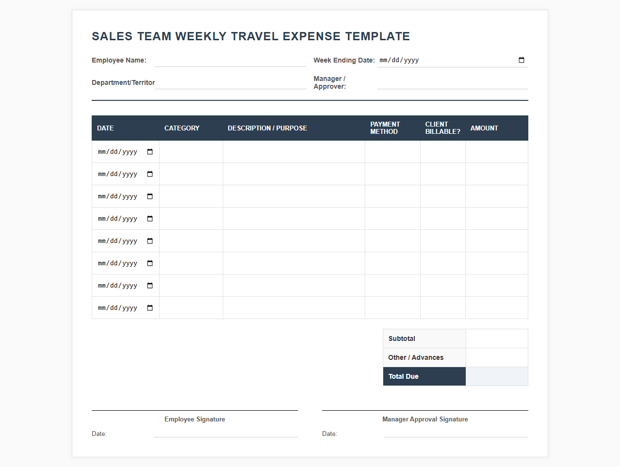 Sales Team Weekly Travel Expense Template