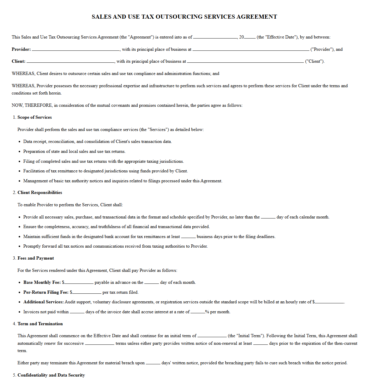 Sales and Use Tax Outsourcing Services Agreement