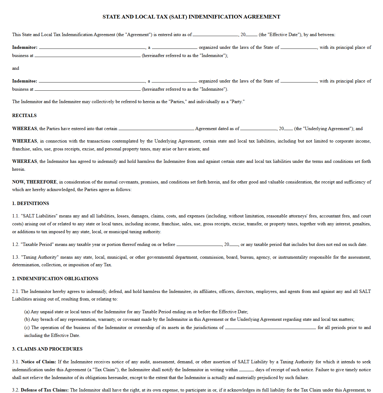 SALT Indemnification Agreement Form
