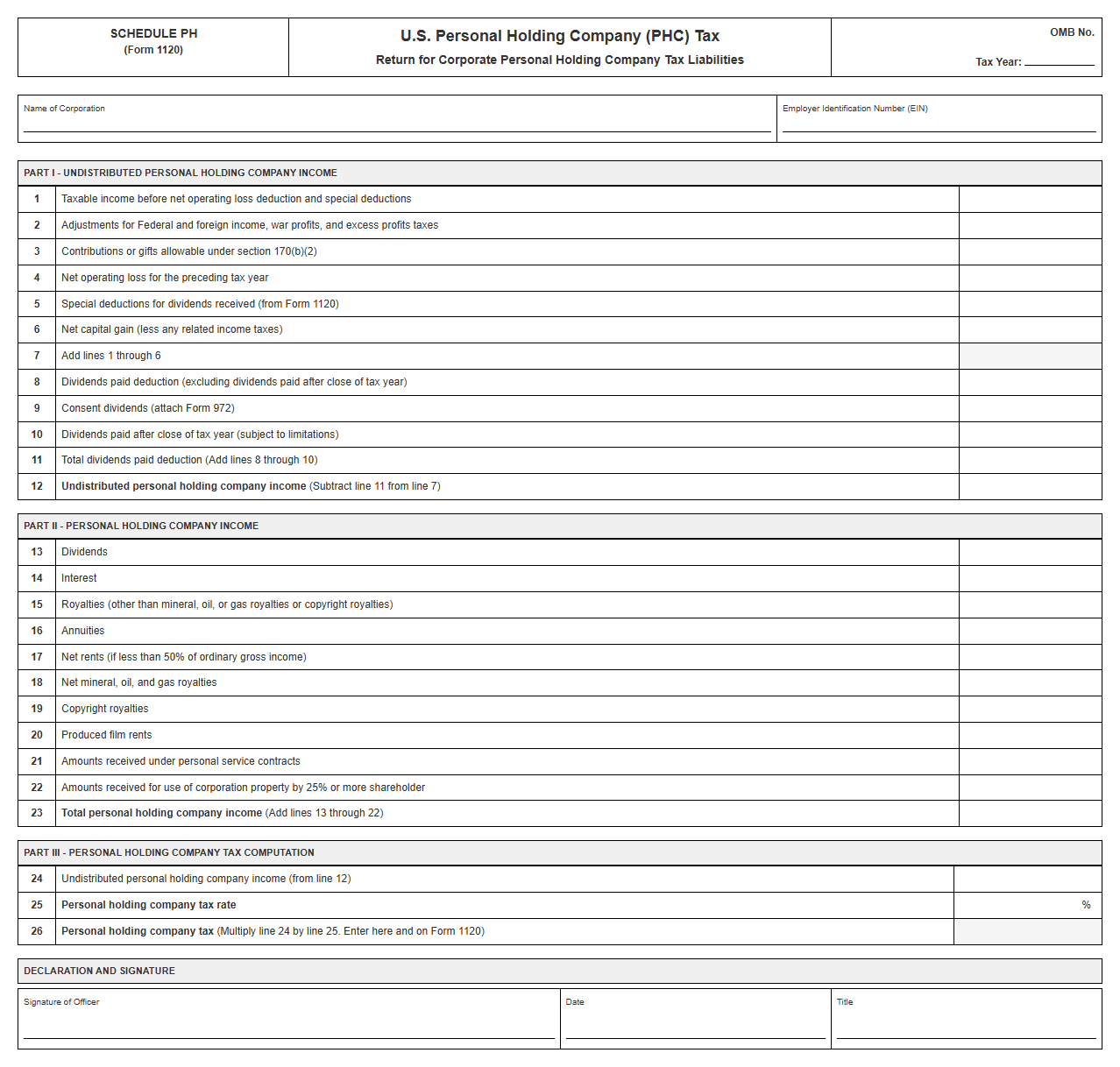 Schedule for Personal Holding Company Tax Return