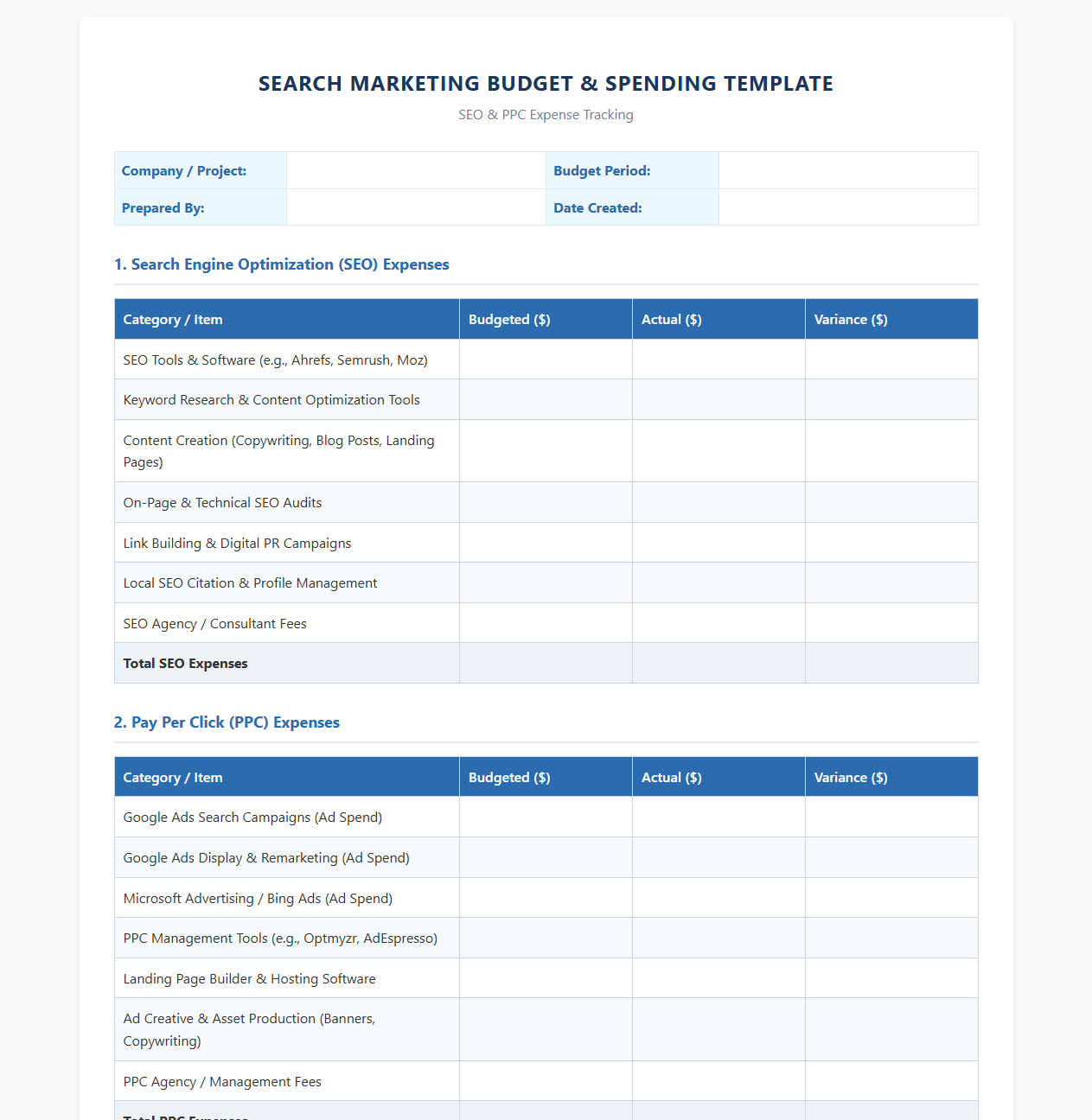 Search Marketing Budget and Spending Template