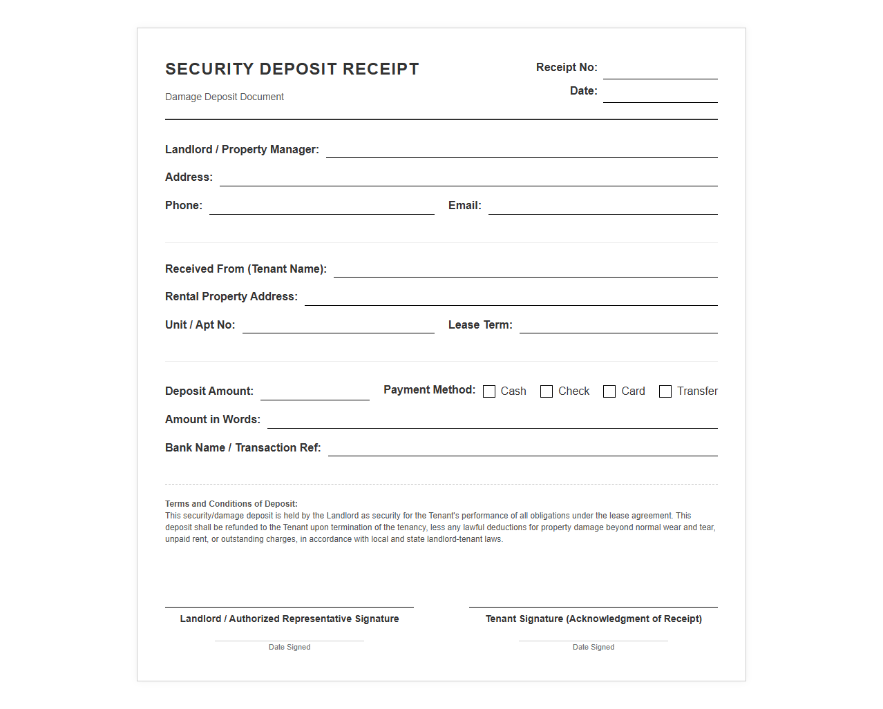 Security Deposit Receipt Template
