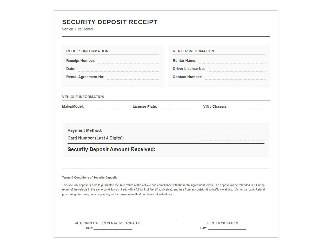 Security Deposit Receipt for Vehicle Hire